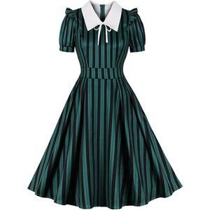 Women's Vintage 1950s Dress Black White Stripes Short Sleeve Retro Swing